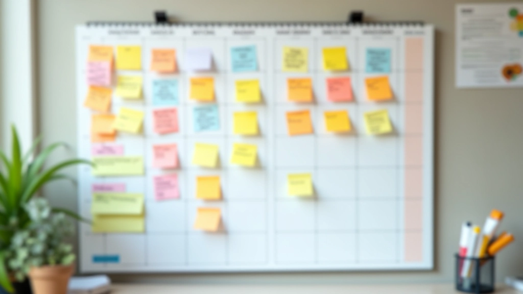 Calendrier trimestriel affiché sur mur avec notes colorées et marqueurs