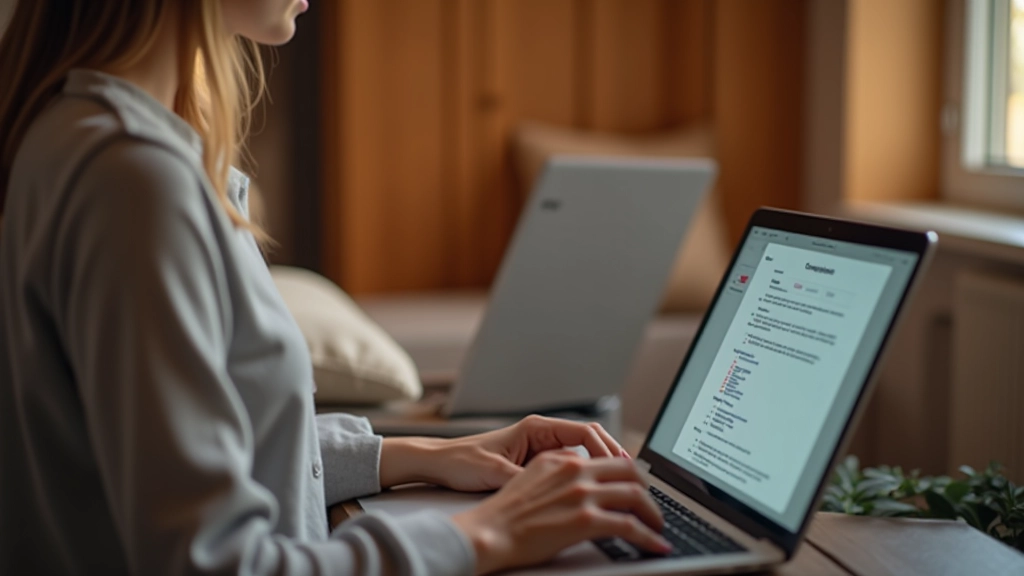 Femme vérifiant les détails de son contrat de forfait mobile sur son ordinateur portable dans un salon